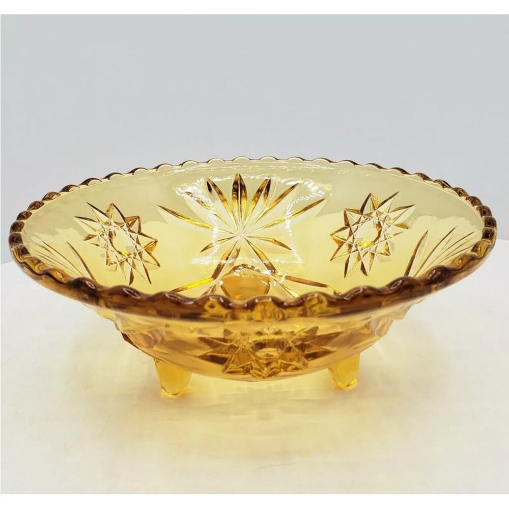 Anchor Hocking Vintage Amber Gold Glass Footed Candy Nut Bowl Stars Pattern